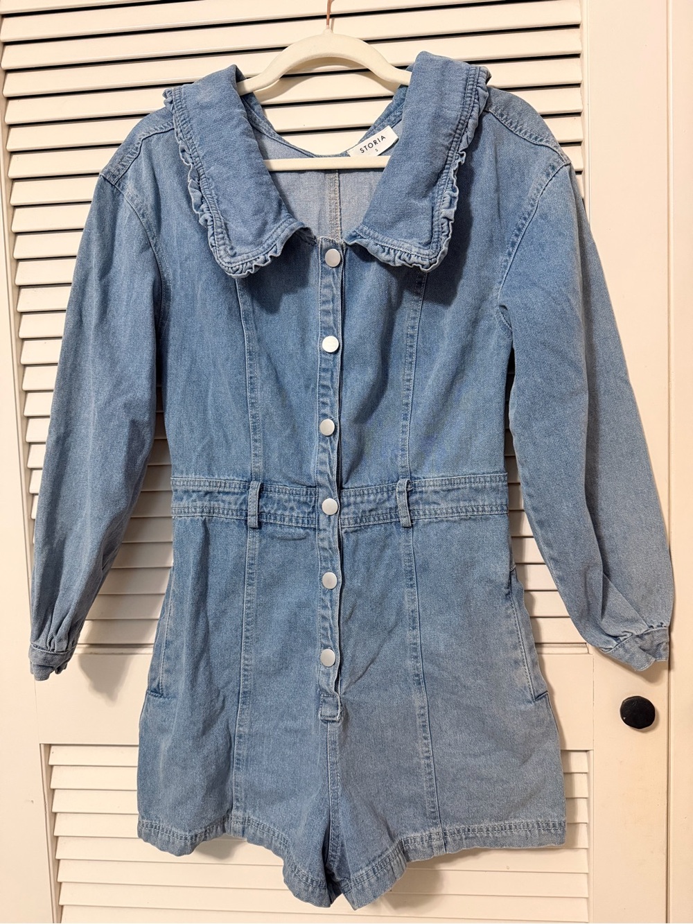 Storia Light Blue Denim Romper with Ruffled Collar - Size Small